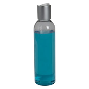 6 oz. Clear PET High Clarity Cosmo Round Bottle with 24/410 Brushed Silver & White ABS/Polypropylene Disc-Top Dispensing Cap