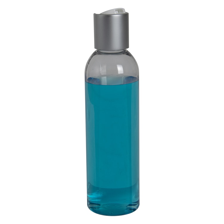 6 oz. Clear PET High Clarity Cosmo Round Bottle with 24/410 Brushed Silver & White ABS/Polypropylene Disc-Top Dispensing Cap