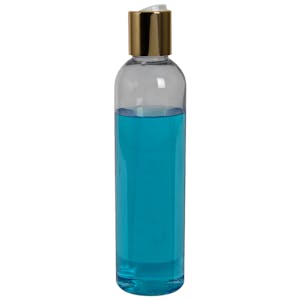 8 oz. Clear PET High Clarity Cosmo Round Bottle with 24/410 Gold & White ABS/Polypropylene Disc-Top Dispensing Cap