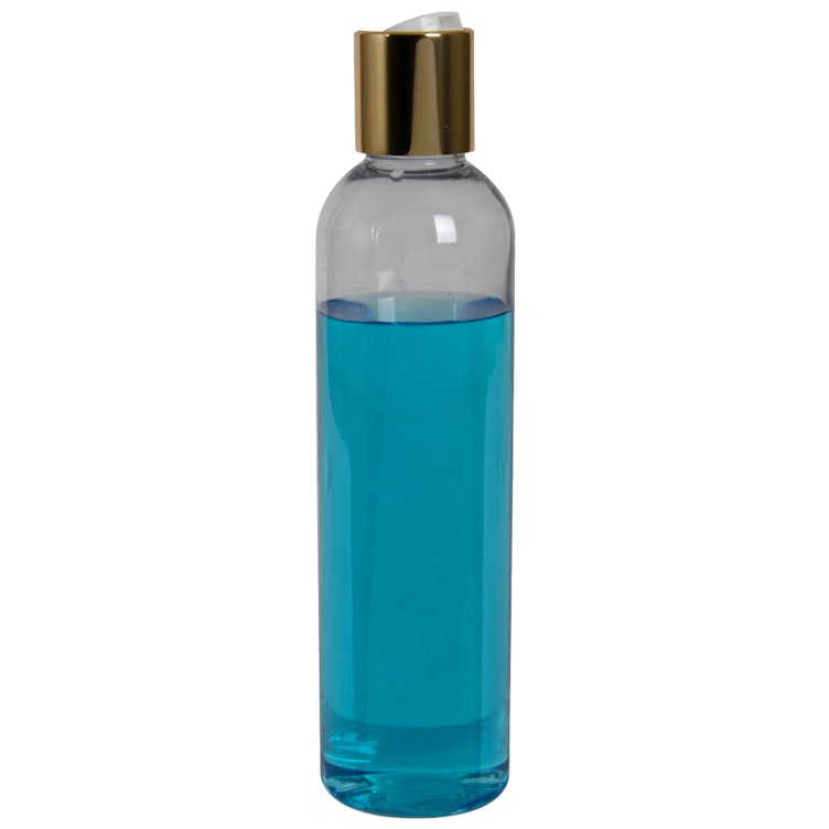 8 oz. Clear PET High Clarity Cosmo Round Bottle with 24/410 Gold & White ABS/Polypropylene Disc-Top Dispensing Cap