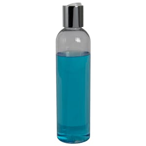 8 oz. Clear PET High Clarity Cosmo Round Bottle with 24/410 Silver & White ABS/Polypropylene Disc-Top Dispensing Cap