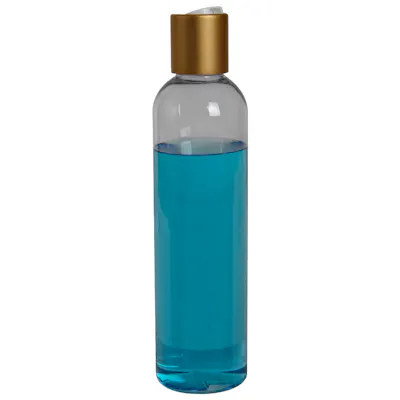 8 oz. Clear PET High Clarity Cosmo Round Bottle with 24/410 Brushed Gold & White ABS/Polypropylene Disc-Top Dispensing Cap