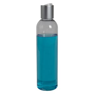 8 oz. Clear PET High Clarity Cosmo Round Bottle with 24/410 Brushed Silver & White ABS/Polypropylene Disc-Top Dispensing Cap