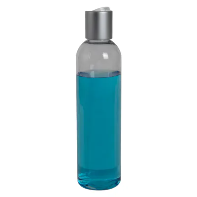 8 oz. Clear PET High Clarity Cosmo Round Bottle with 24/410 Brushed Silver & White ABS/Polypropylene Disc-Top Dispensing Cap
