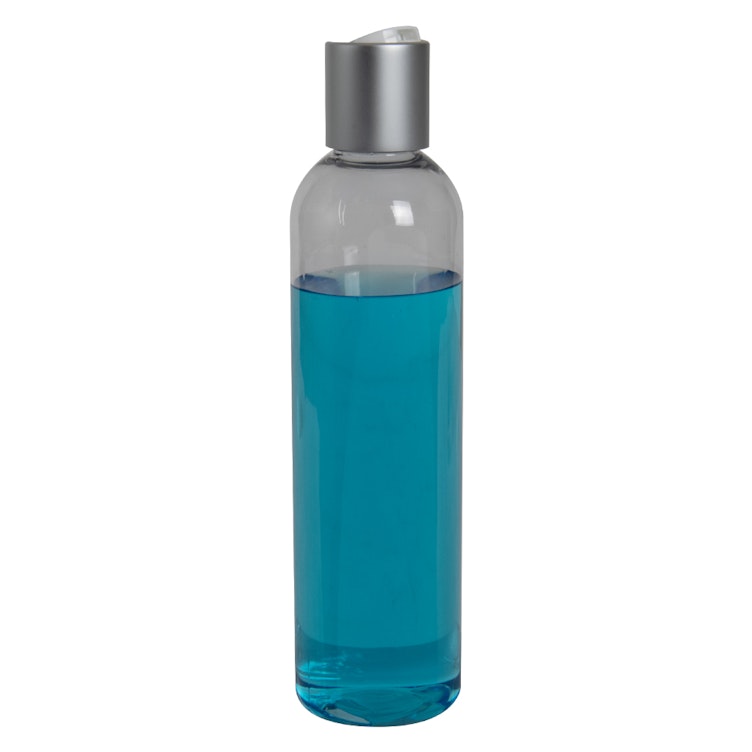 8 oz. Clear PET High Clarity Cosmo Round Bottle with 24/410 Brushed Silver & White ABS/Polypropylene Disc-Top Dispensing Cap