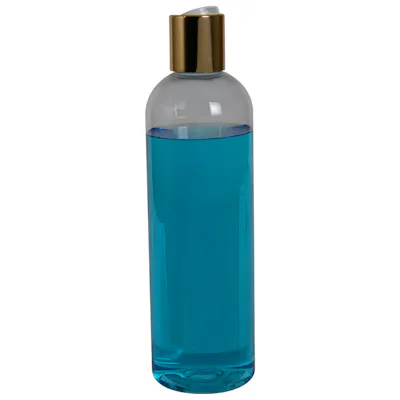 12 oz. Clear PET High Clarity Cosmo Round Bottle with 24/410 Gold & White ABS/Polypropylene Disc-Top Dispensing Cap