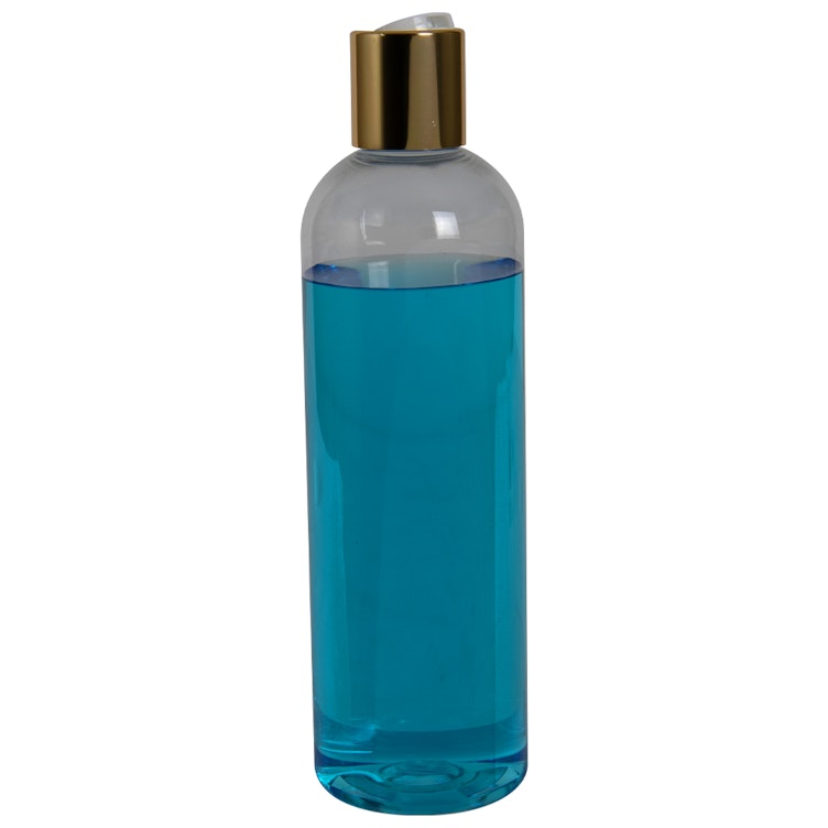 12 oz. Clear PET High Clarity Cosmo Round Bottle with 24/410 Gold & White ABS/Polypropylene Disc-Top Dispensing Cap