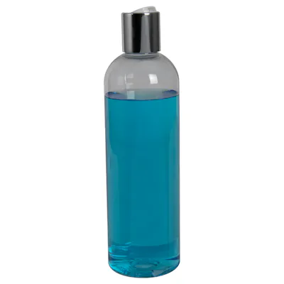 12 oz. Clear PET High Clarity Cosmo Round Bottle with 24/410 Silver & White ABS/Polypropylene Disc-Top Dispensing Cap