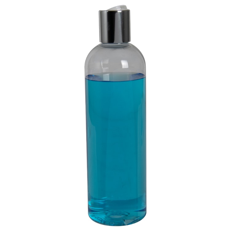 12 oz. Clear PET High Clarity Cosmo Round Bottle with 24/410 Silver & White ABS/Polypropylene Disc-Top Dispensing Cap