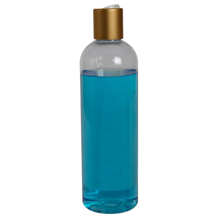 12 oz. Clear PET High Clarity Cosmo Round Bottle with 24/410 Brushed Gold & White ABS/Polypropylene Disc-Top Dispensing Cap