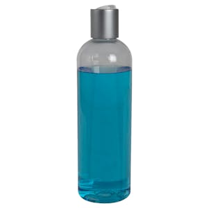 12 oz. Clear PET High Clarity Cosmo Round Bottle with 24/410 Brushed Silver & White ABS/Polypropylene Disc-Top Dispensing Cap