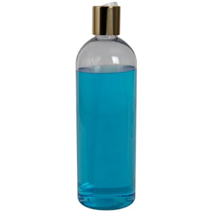 16 oz. Clear PET High Clarity Cosmo Round Bottle with 24/410 Gold & White ABS/Polypropylene Disc-Top Dispensing Cap