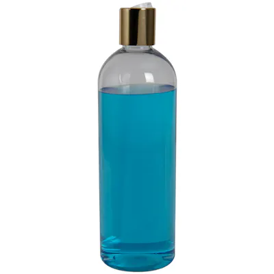 16 oz. Clear PET High Clarity Cosmo Round Bottle with 24/410 Gold & White ABS/Polypropylene Disc-Top Dispensing Cap