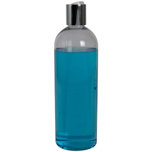 16 oz. Clear PET High Clarity Cosmo Round Bottle with 24/410 Silver & White ABS/Polypropylene Disc-Top Dispensing Cap