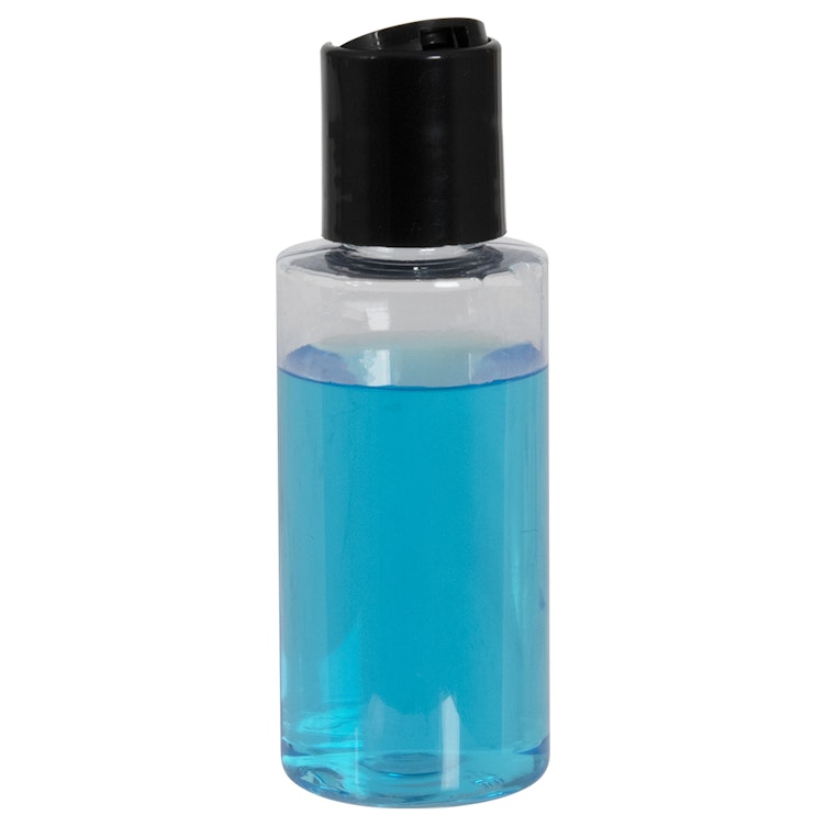 2 oz. Clear PET Cylindrical Bottle with 20/410 Black Polypropylene Disc-Top Dispensing Cap