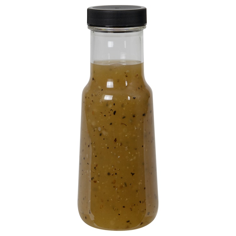 6 oz. Clear PET Bell Bottle with 38/400 Black Ribbed Unlined Cap