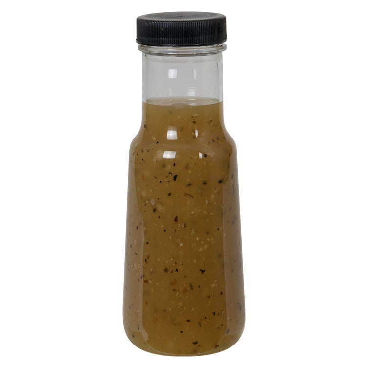 6 oz. Clear PET Bell Bottle with 38/400 Black Ribbed Cap with F217 Liner