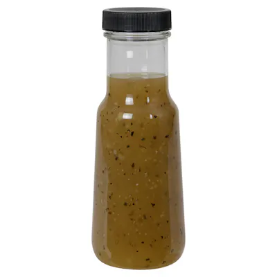 6 oz. Clear PET Bell Bottle with 38/400 Black Ribbed Cap with Foil Induction Seal
