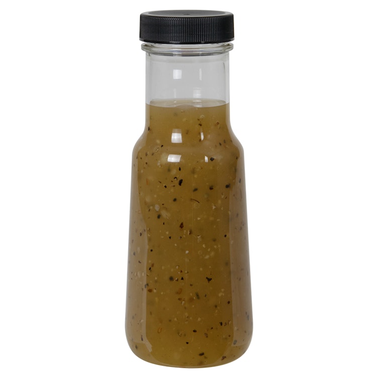 6 oz. Clear PET Bell Bottle with 38/400 Black Ribbed Cap with Foil Induction Seal