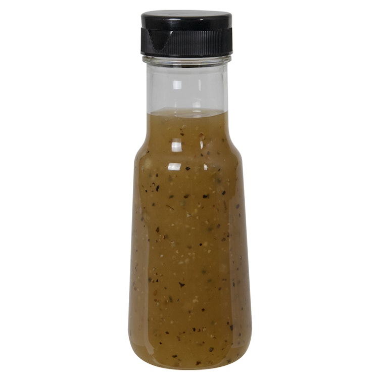 6 oz. Clear PET Bell Bottle with 38/400 Black Ribbed Snap-Top Dispensing Cap