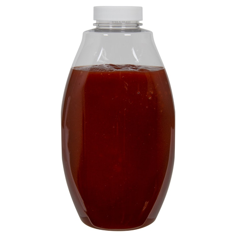 18 oz. Clear PET Inverted Oval Sauce Bottle with 38/400 White Ribbed Unlined Cap