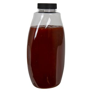 18 oz. Clear PET Inverted Oval Sauce Bottle with 38/400 Black Ribbed Unlined Cap