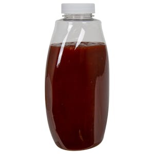 18 oz. Clear PET Inverted Oval Sauce Bottle with 38/400 White Ribbed Cap with F217 Liner