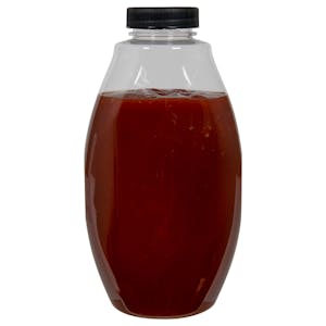 18 oz. Clear PET Inverted Oval Sauce Bottle with 38/400 Black Ribbed Cap with F217 Liner
