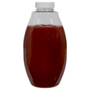 18 oz. Clear PET Inverted Oval Sauce Bottle with 38/400 White Ribbed Cap with Foil Induction Seal