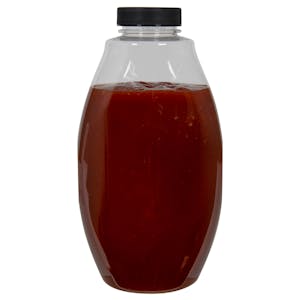 18 oz. Clear PET Inverted Oval Sauce Bottle with 38/400 Black Ribbed Cap with Foil Induction Seal
