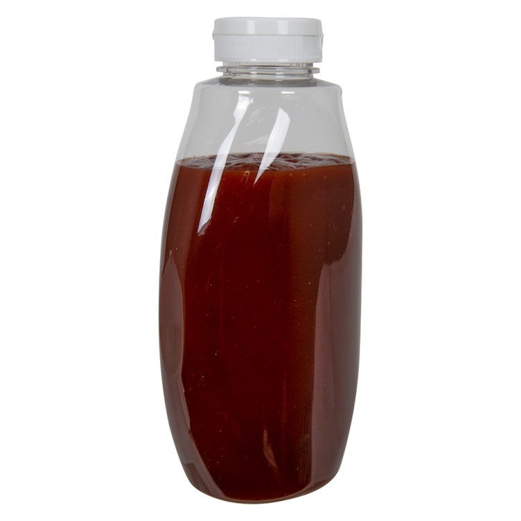 18 oz. Clear PET Inverted Oval Sauce Bottle with 38/400 White Ribbed Snap-Top Dispensing Cap with Pressure-Sensitive Liner