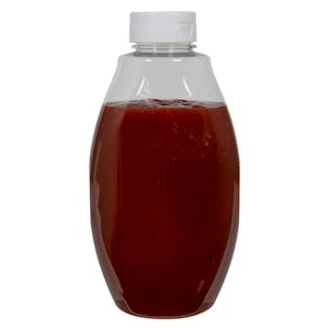 18 oz. Clear PET Inverted Oval Sauce Bottle with 38/400 White Ribbed Snap-Top Dispensing Cap with Foil Heat Induction Liner