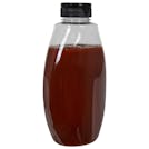 18 oz. Clear PET Inverted Oval Sauce Bottle with 38/400 Black Ribbed Snap-Top Dispensing Cap with Foil Heat Induction Liner