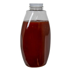 18 oz. Clear PET Inverted Oval Sauce Bottle with 38/400 White Metal Cap with Plastisol Liner