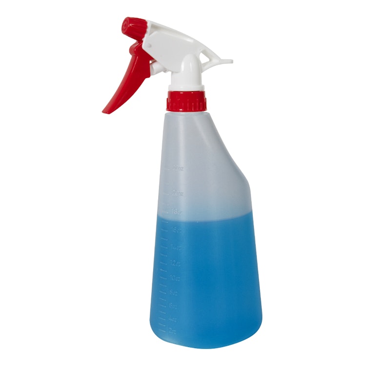 22 oz. Natural HDPE Oval Spray Bottle with 28/400 Red & White Polypropylene Sprayer