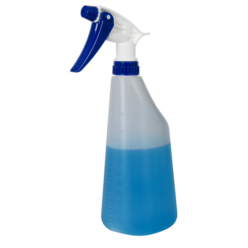22 oz. Natural HDPE Oval Spray Bottle with 28/400 Blue & White Polypropylene Sprayer