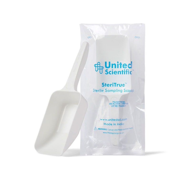 250mL (8 oz.) White Polystyrene Sterile SteriTrue™ Sampling Scoop with Flat Bottom - Package of 10