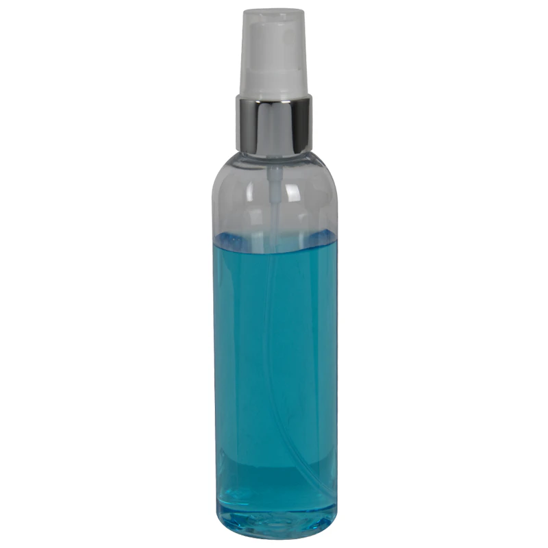4 oz. Clear PET High Clarity Cosmo Round Bottle with 20/410 Smooth Silver/White Finger Sprayer & 0.14mL Output