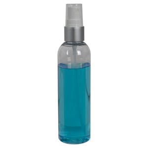 4 oz. Clear PET High Clarity Cosmo Round Bottle with 20/410 Smooth Brushed Silver/White Finger Sprayer & 0.14mL Output