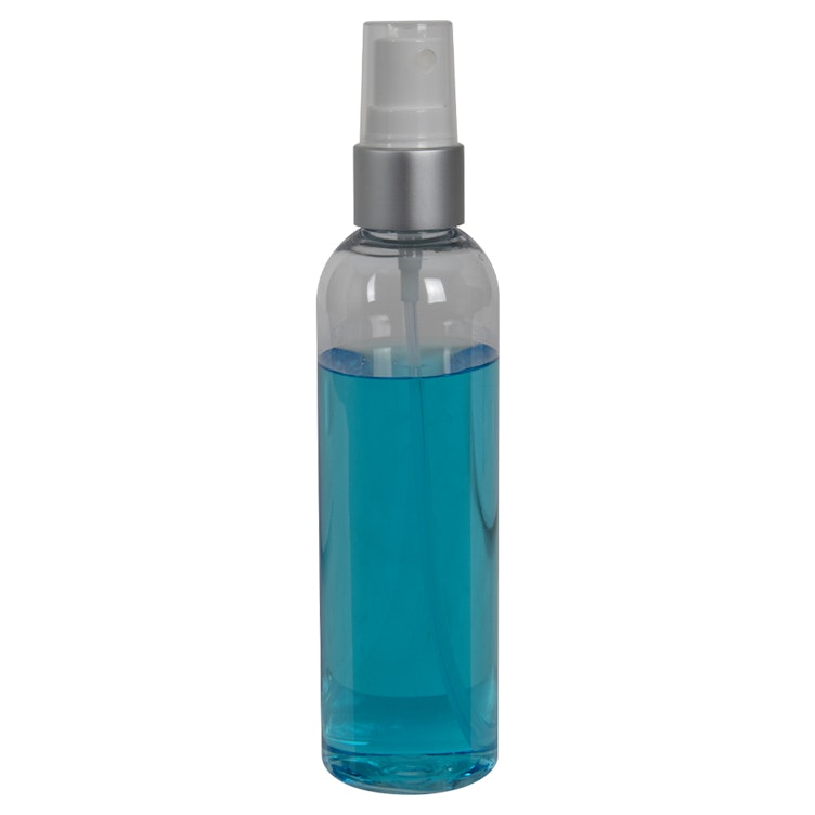 4 oz. Clear PET High Clarity Cosmo Round Bottle with 20/410 Smooth Brushed Silver/White Finger Sprayer & 0.14mL Output