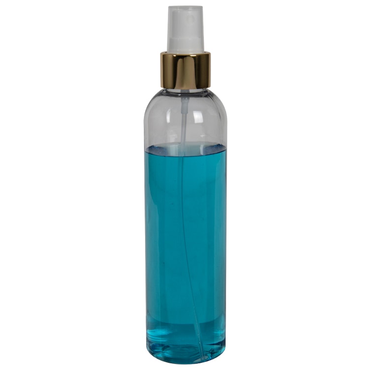 12 oz. Clear PET High Clarity Cosmo Round Bottle with 24/410 Smooth Gold/White Finger Sprayer & 0.14mL Output