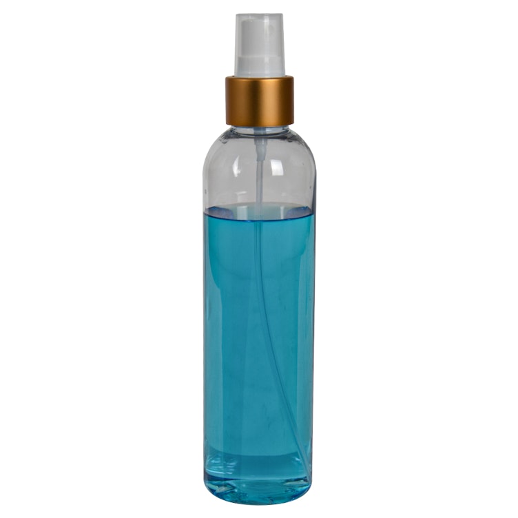 12 oz. Clear PET High Clarity Cosmo Round Bottle with 24/410 Smooth Brushed Gold/White Finger Sprayer & 0.14mL Output