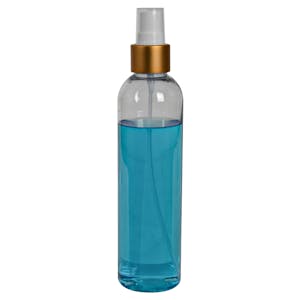 8 oz. Clear PET High Clarity Cosmo Round Bottle with 24/410 Smooth Brushed Gold/White Finger Sprayer & 0.14mL Output