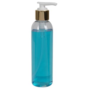 6 oz. Clear PET High Clarity Cosmo Round Bottle with 24/410 Smooth Gold/White Lock-Down Lotion Pump & 2mL Output