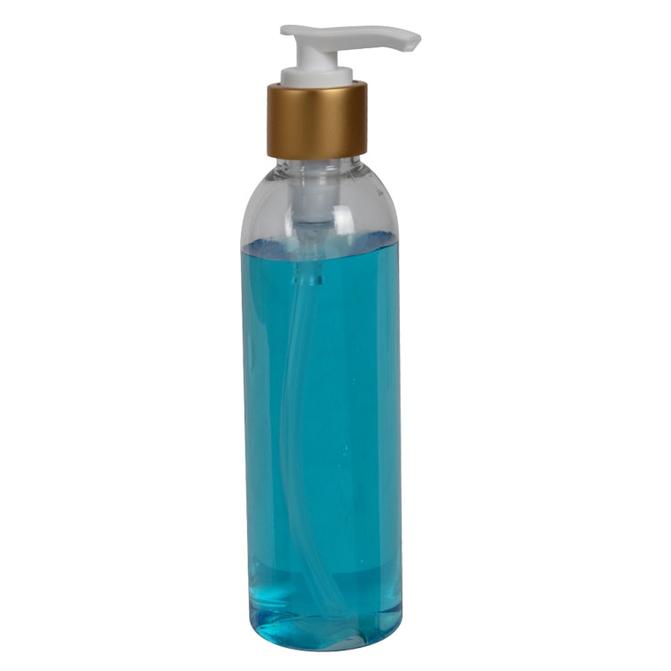 6 oz. Clear PET High Clarity Cosmo Round Bottle with 24/410 Smooth Brushed Gold/White Lock-Down Lotion Pump & 2mL Output
