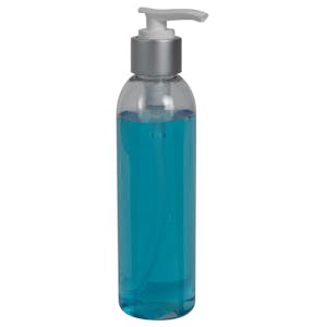 6 oz. Clear PET High Clarity Cosmo Round Bottle with 24/410 Smooth Brushed Aluminum/White Lock-Down Lotion Pump & 2mL Output