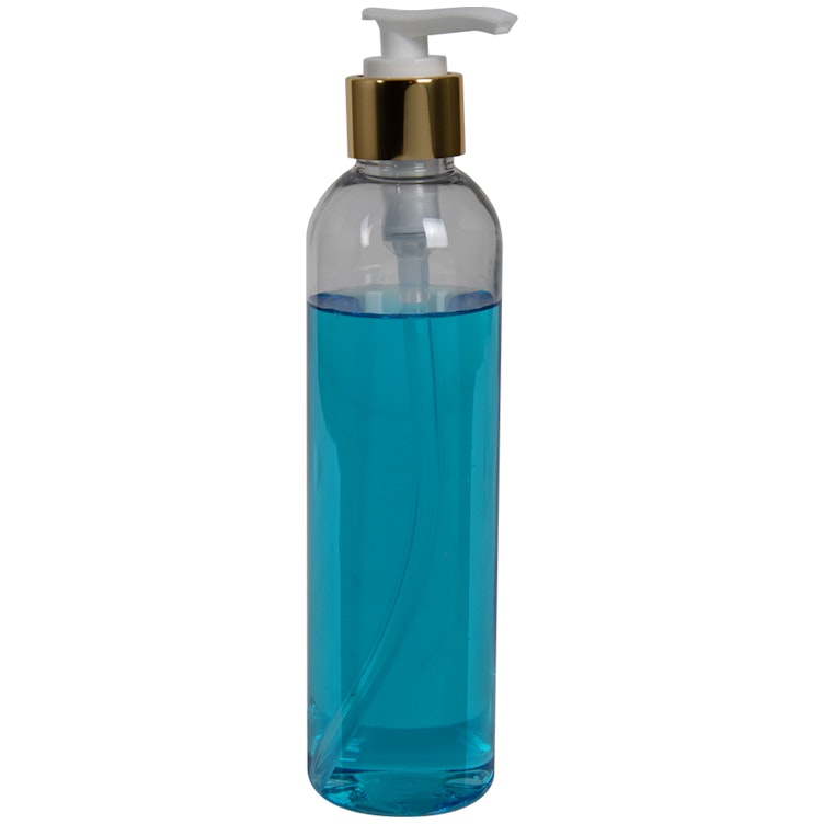 8 oz. Clear PET High Clarity Cosmo Round Bottle with 24/410 Smooth Gold/White Lock-Down Lotion Pump & 2mL Output
