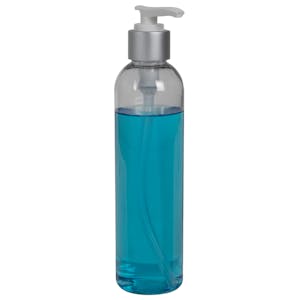 8 oz. Clear PET High Clarity Cosmo Round Bottle with 24/410 Smooth Brushed Aluminum/White Lock-Down Lotion Pump & 2mL Output