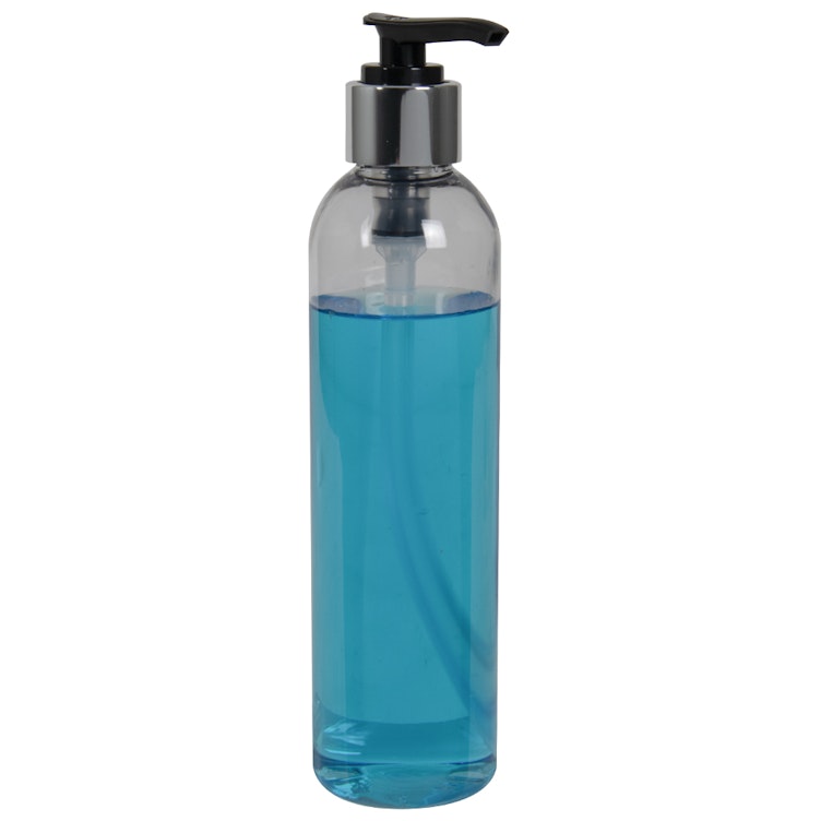 8 oz. Clear PET High Clarity Cosmo Round Bottle with 24/410 Smooth Silver/Black Lock-Down Lotion Pump & 2mL Output