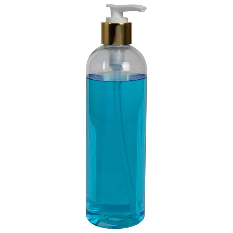 12 oz. Clear PET High Clarity Cosmo Round Bottle with 24/410 Smooth Gold/White Lock-Down Lotion Pump & 2mL Output